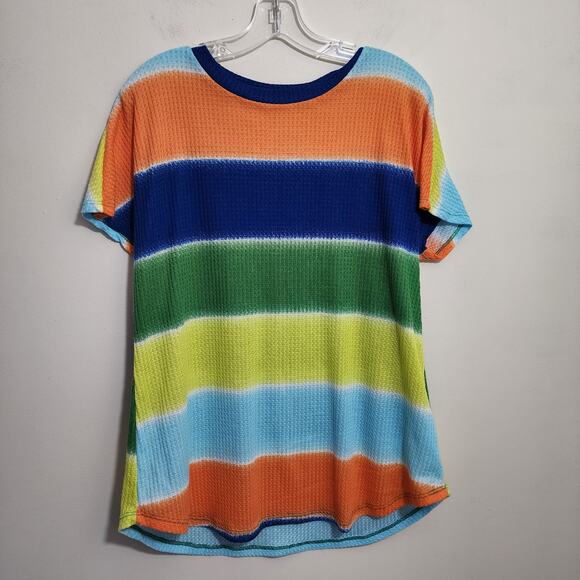 Viamor soft colorful striped waffle knit short sleeve shirt woman's size large - Picture 1 of 6